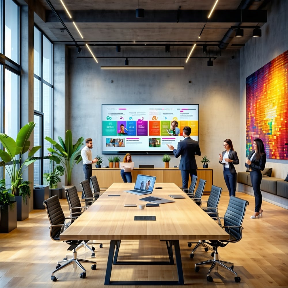 The image depicts a sleek modern video production agency office space filled with natural light streaming through large windows The decor features minimalist furniture with a blend of wood and metal finishes creating a warm yet contemporary atmosphere A large conference tab-1