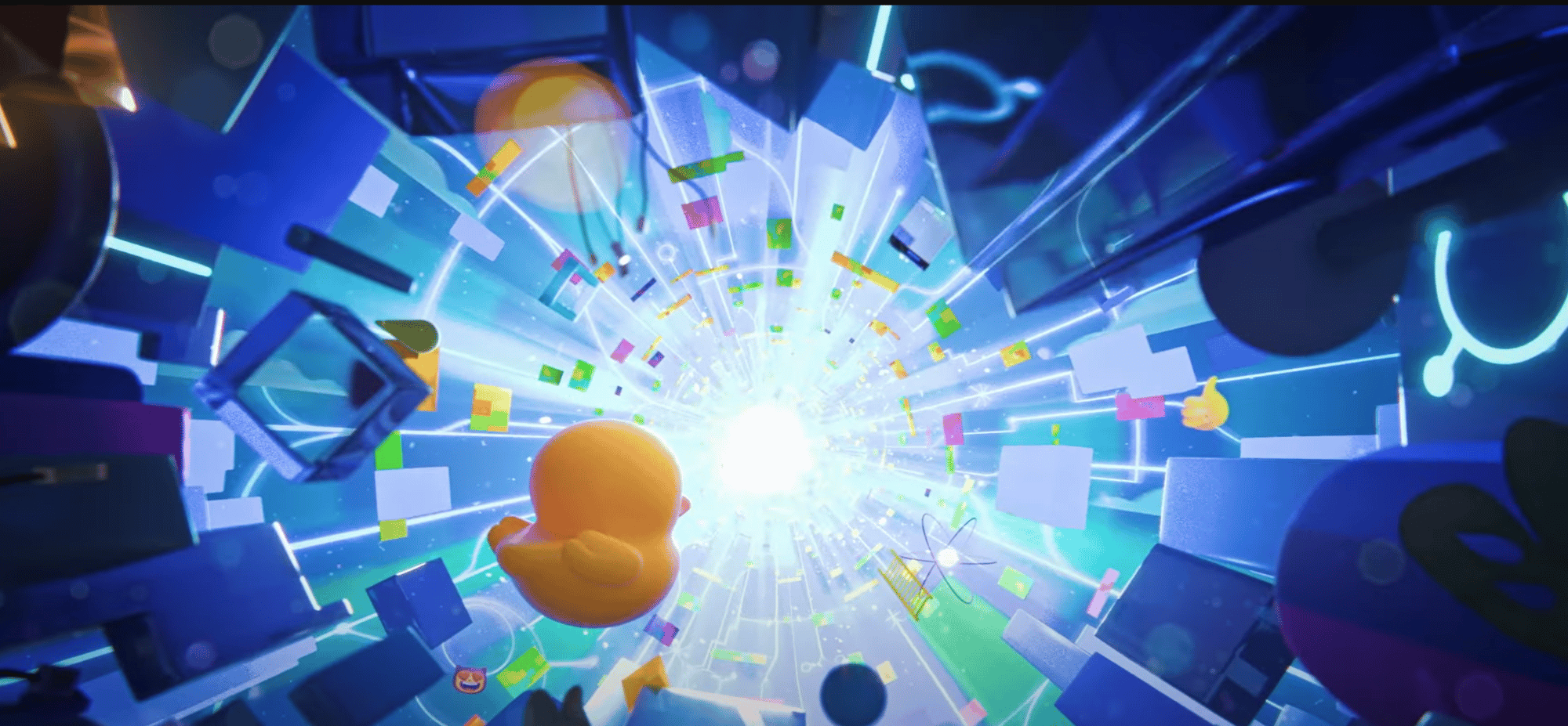 A yellow rubber duck moves through a tunnel of light. Abstract and colourful shapes surround it. 